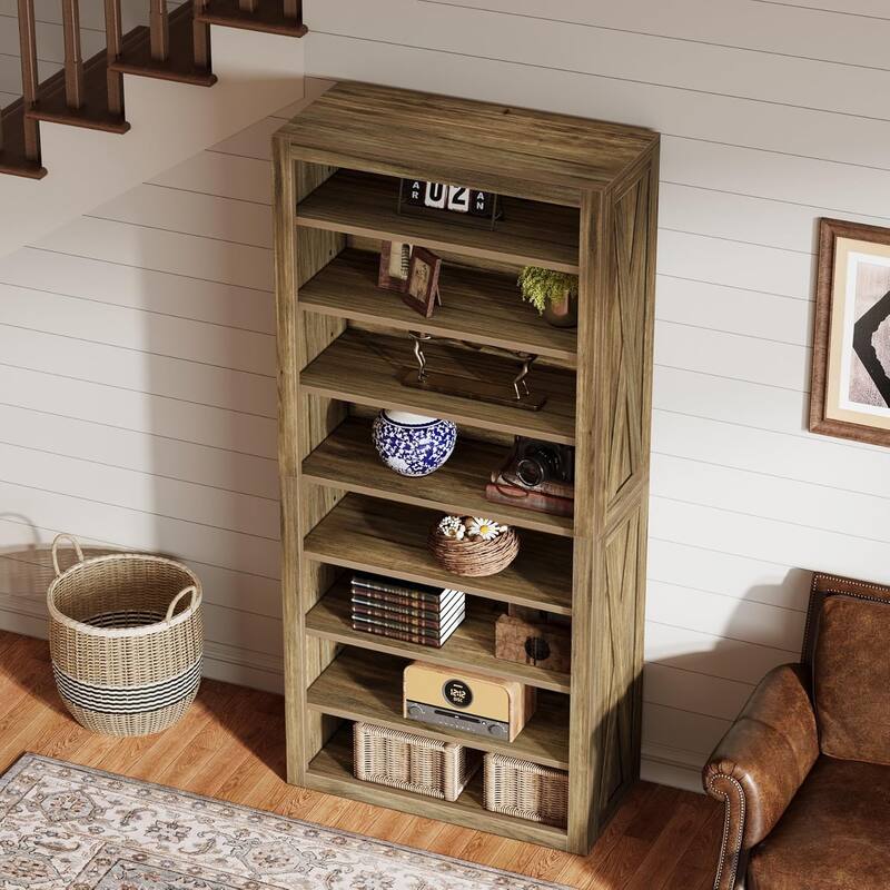 70.59 Inches Large Wooden Bookshelf, 8 Tier Tall Bookcase with Adjustable Shelves