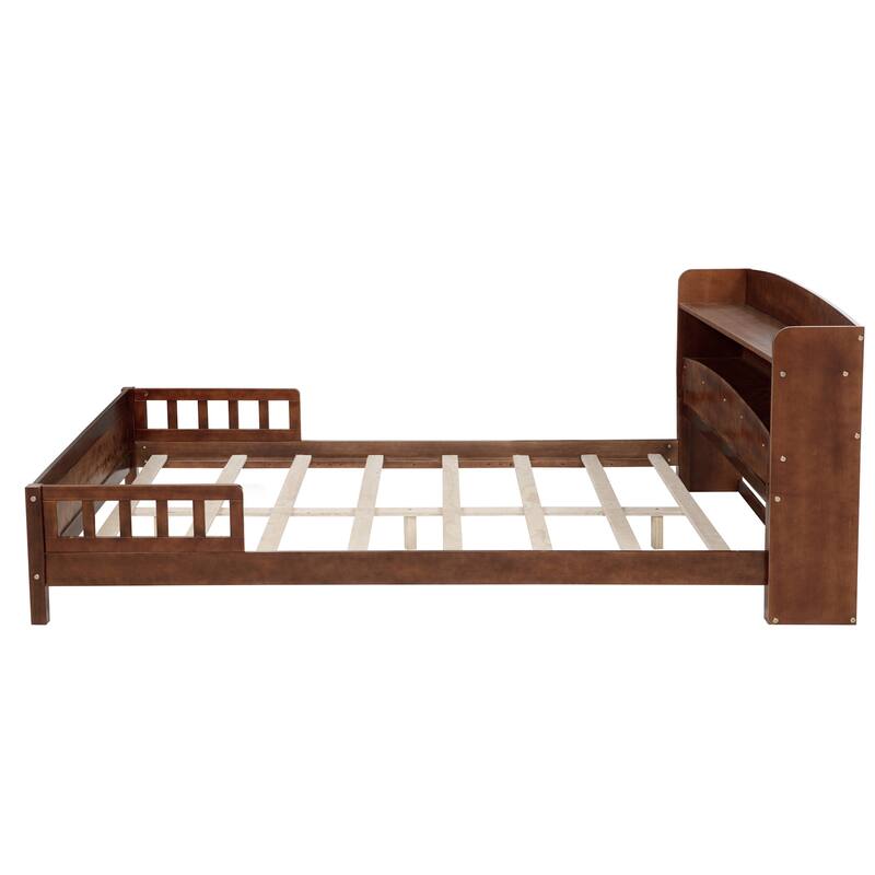 Full Size Pine Bed w/ Bookcase Headboard ,LED Sensor Light, Guardrails