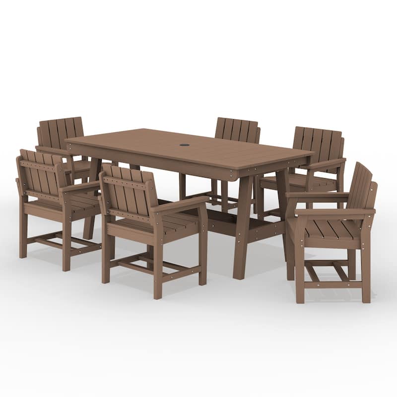7-Piece HDPE Outdoor & Indoor Dining Set, Rectangular 67.91in W Table with Umbrella Hole and 6 Chairs Set of 7, Wood-Look Finish - Brown