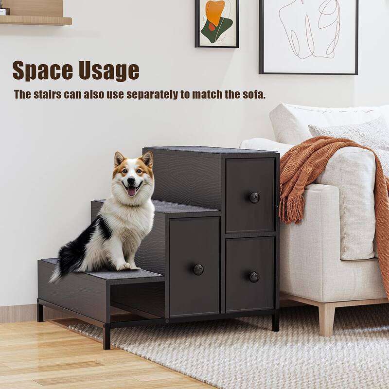 BOSSIN Multi-Level Pet Bunk Bed with Stairs & Storage - Foam-Upholstered Platform Dog/Cat Bed, Window Perch or Bedside Lounge