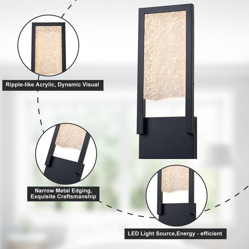 Black Metal Rectangular Water Pattern LED Dimmable Wall Sconce