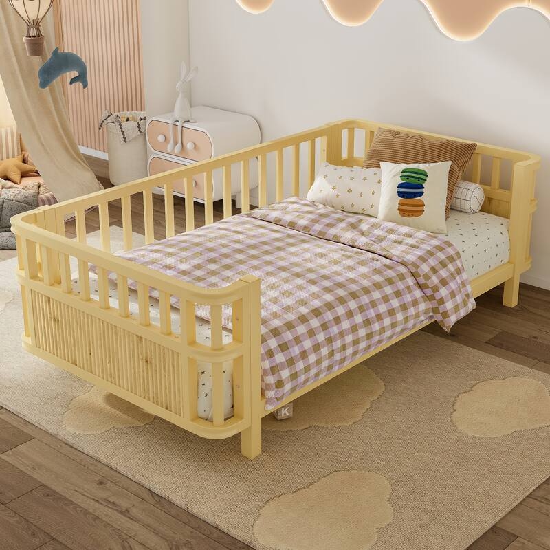 Kids Metal and Wood Platform Bed with Safety Rails, Low Profile Twin Full Children Bed for Boys and Girls