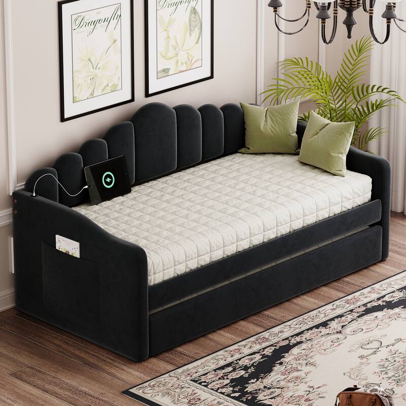Twin Size Velvet Upholstered Daybed Vertical Stripes Backrest Sofa Bed with Trundle Bed, 2 USB Charging Ports, 2 Large Pockets - Black - Twin