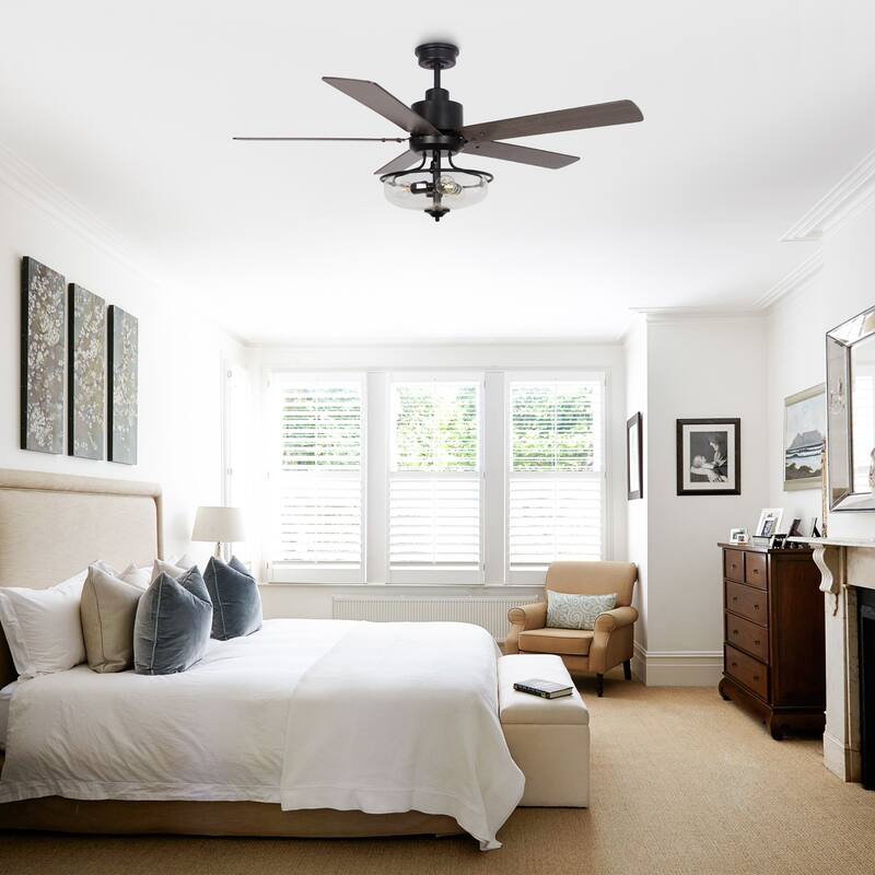 52-in Farmhouse Brown Glass Shade 5-Blade Reversible Ceiling Fan with Light Kit and Remote - 52 Inches