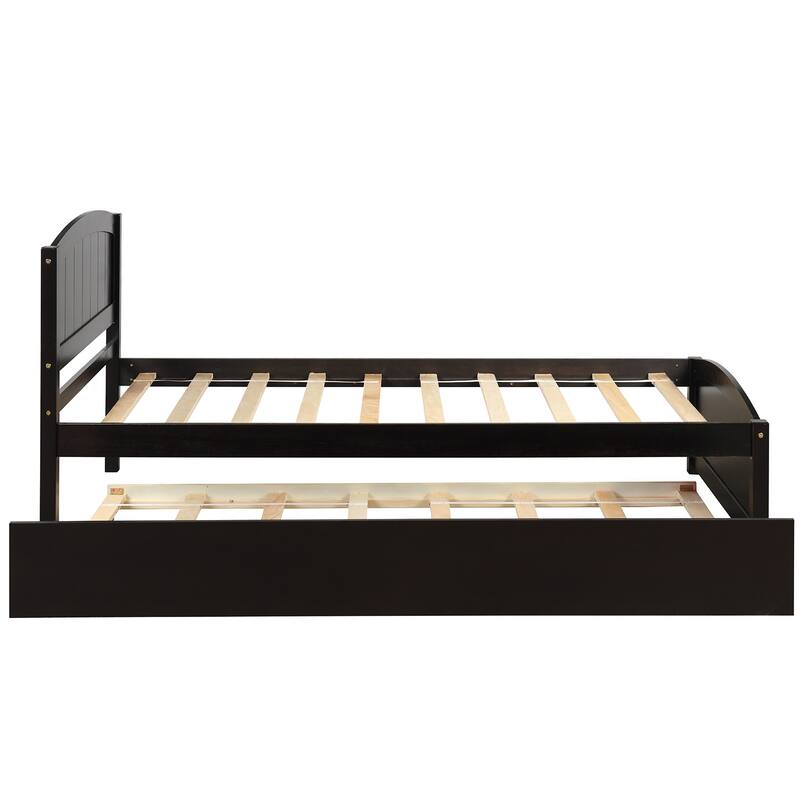 Twin Size Espresso Wood Platform Bed with Trundle, Minimalistic Design, Solid Pine Construction