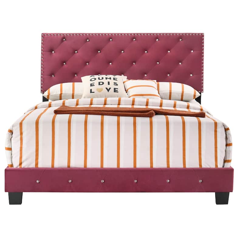 Full Tufted Faux Jewel Velvet Upholstered Panel Bed - 77" - Red