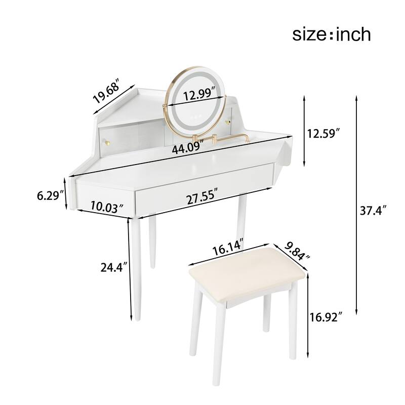 Modern Corner Makeup Vanity Desk with LED Light Mirror and Stool