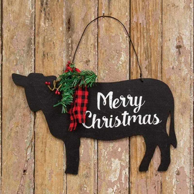 Matte Black Wooden Cow Sign with Merry Christmas Holiday Decor - 8 x 0.25 x 8 in.