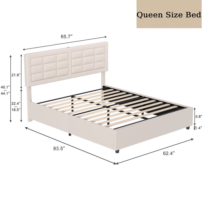 VECELO Bed Frame with USB and Type C Ports, Adjustable Tufted Button Headboard, Upholstered Platform Bed Frame