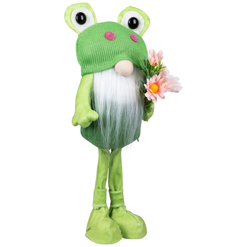 Standing Spring Gnome with Glittered Frog Hat - 14.5" - Green and White