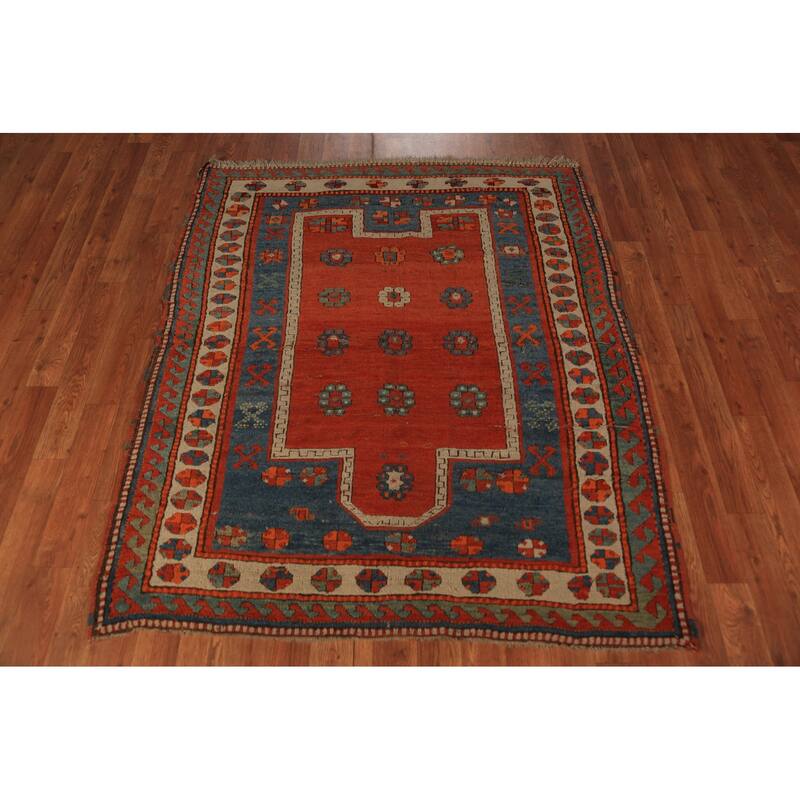 Hand Knotted Oriental 100% Wool Carpet Traditional Geometric Red Kazak Area Rug - 4' 9'' X 4' 0''