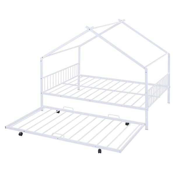 slide 2 of 12, Full Size Metal House Bed with Twin Size Trundle, White White - Full