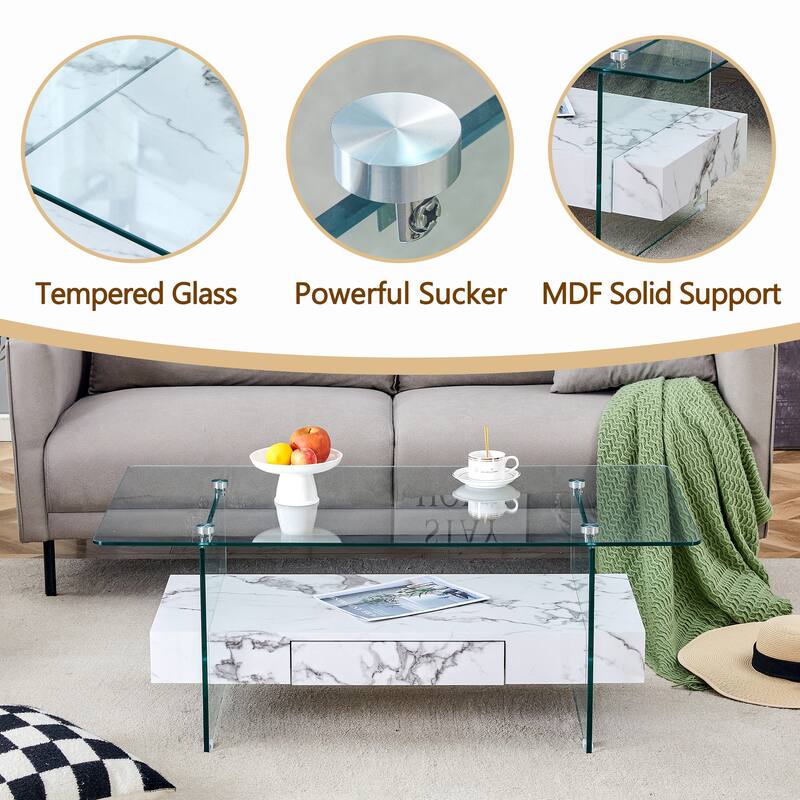 43.3 Inch Modern Two-Tier Coffee Table - Clear Tempered Glass and White Marble Texture, Multifunctional Storage Design.T