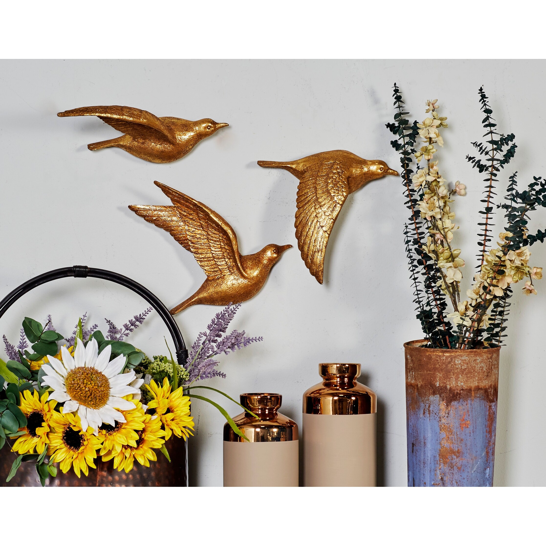 Copper Grove Sharbot 3 Piece Golden Polystone Bird Wall Decor Set Overstock 21147999 Set of birds gold metal wall art is design of black ivy crafts. copper grove sharbot 3 piece golden polystone bird wall decor set
