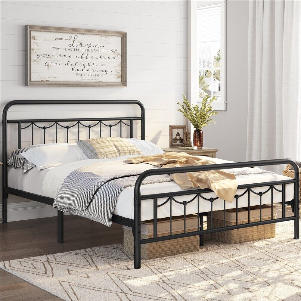 Full Size Metal Bed Frame with Vintage Headboard Footboard Black