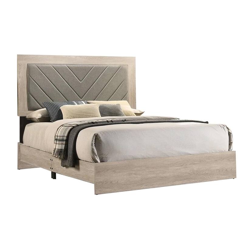 Wooden Eastern King Bed with High Upholstered Headboard - Foil Beige and Grey