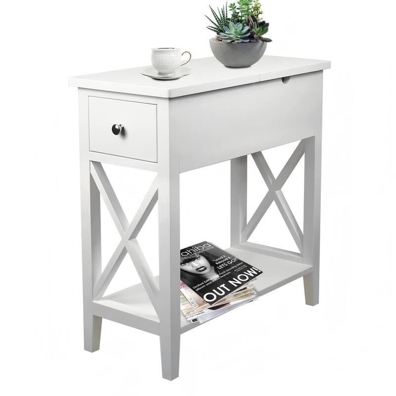 2-Drawer End Table, Flip Top Narrow End Table with Drawer, Accent Small Side Table Nightstand for Small Space - White