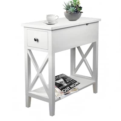 2-Drawer End Table, Flip Top Narrow End Table with Drawer, Accent Small Side Table Nightstand for Small Space