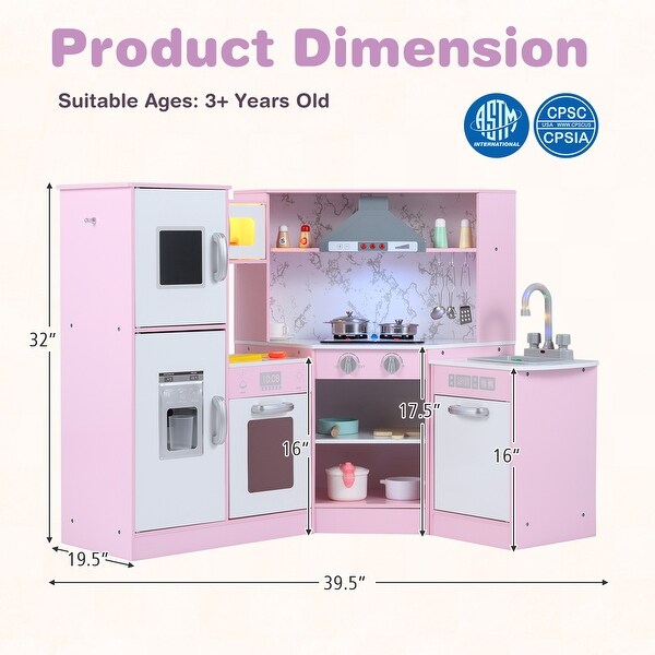Corner Kids Play Kitchen Set with Lights, Ice Maker, Dishwasher