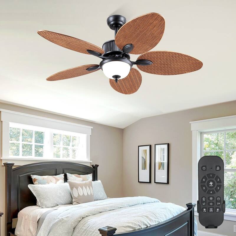 50 Inch Tropical Ceiling Fan with Palm Leaf Blades Glass Cover Remote Control Waterproof for Indoor and Outdoor Patio