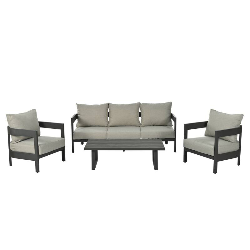 Iron Outdoor Seating Set with Thick Cushion Chairs, Plastic Wood Table
