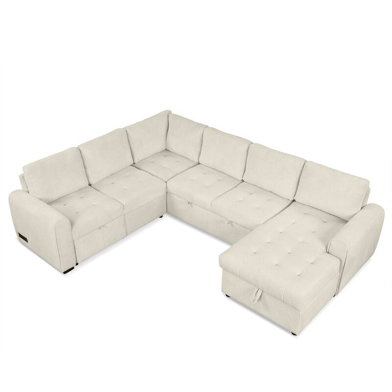 Convertible Sectional Sleeper Sofa with Pull Out Bed, Storage Chaise & Charging Devices, Oversized Corduroy U-Shaped Cloud Sofa