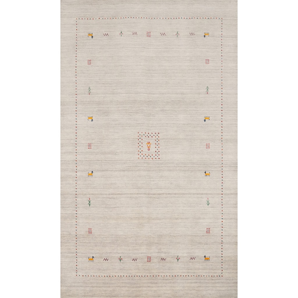Hand Knotted Oriental 100% Wool Carpet Tribal Animal Pictorial Beige & Ivories Gabbeh Area Rug - 7' 9'' X 5' 0''