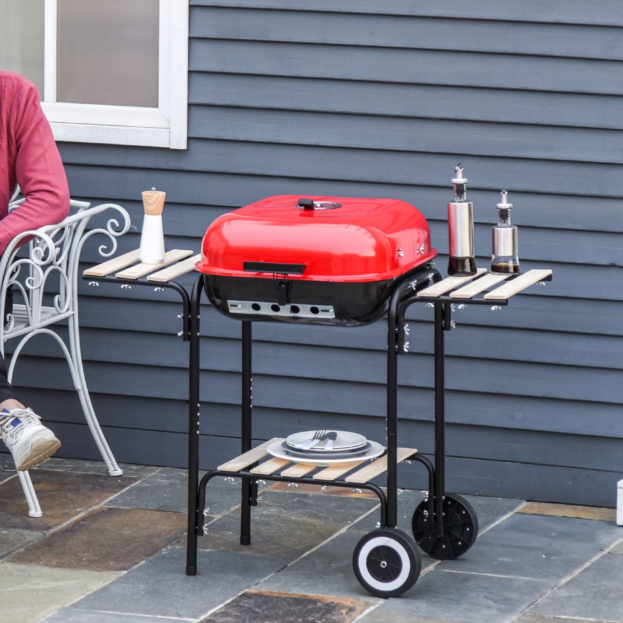 Outsunny 19 in. Steel Porcelain Portable Outdoor Charcoal Barbecue Grill in  Red with Heat Control Vents and 2 Wooden Side Shelves 846-043 - The Home  Depot