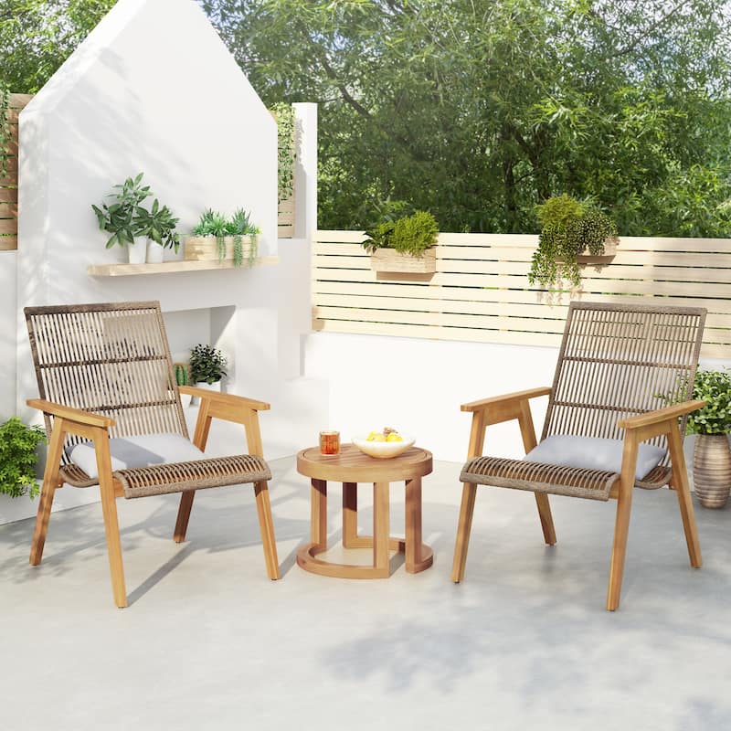 Roomfitters 3-Piece Outdoor Acacia Wood Lounge Set with Wicker Chairs and Side Table for Patio or Deck, Teak - Teak