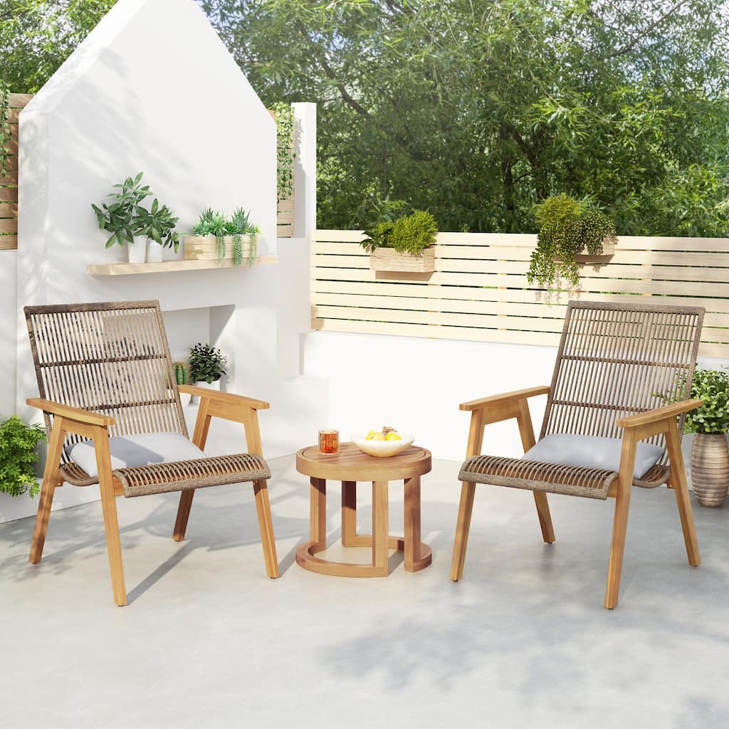 Roomfitters 3-Piece Outdoor Acacia Wood Lounge Set with Wicker Chairs and Side Table for Patio or Deck, Teak
