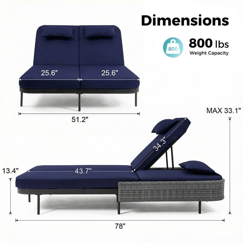 2-Person Outdoor Double Chaise Lounge, Wicker Patio Reclining Daybed with 6-Position Backrests, 4" Cushions, 800 lb Capacity