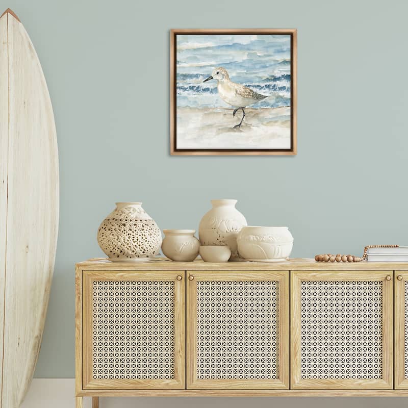 Stupell Balancing Sandpiper on Shore Framed Floater Canvas Wall Art Design By Nan