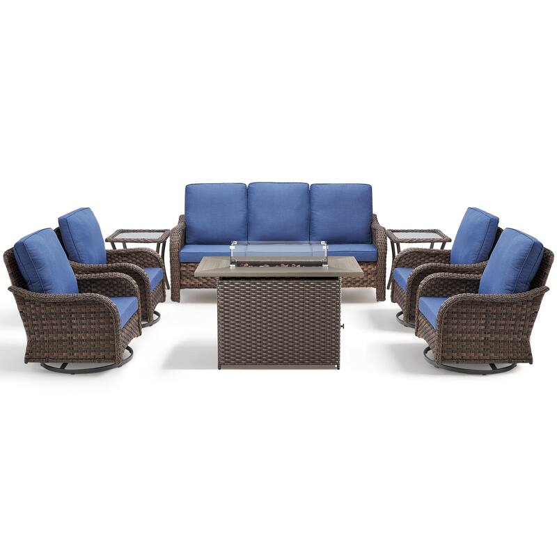 Pocassy Patio Funiture Sofa Swivel Chairs Ottoman with Fire Table Set