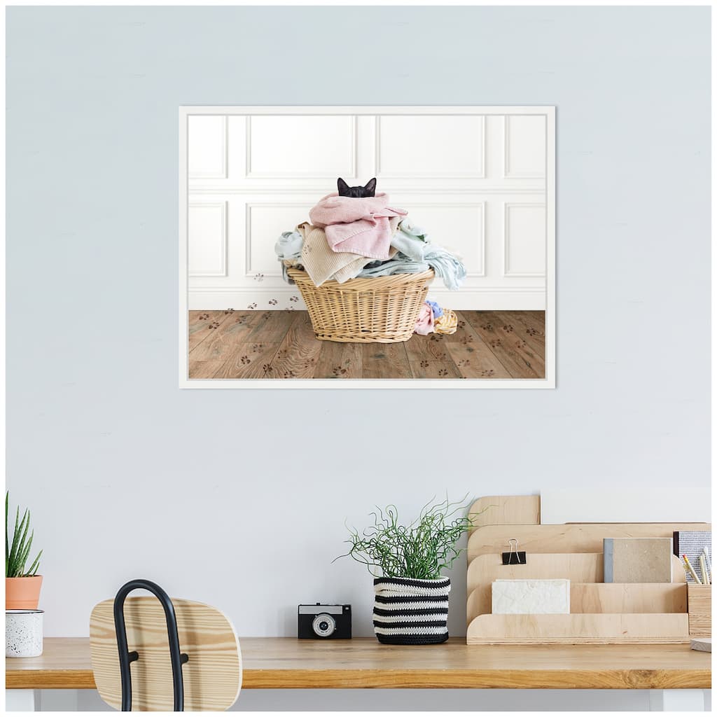 Kate and Laurel Sylvie Cat in a Basket Traditional Laundry Framed Canvas by Amy Peterson