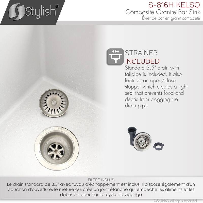 STYLISH 15.5 inches L x 17.5 inches W Dual Mount Single Bowl Composite Granite Kitchen Sink with Strainer - 15.5" x 17.5" x 8.5"