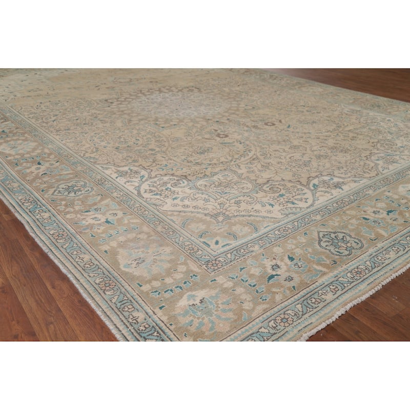 Distressed Tabriz Vintage Persian Rug Hand-Knotted Peach Wool Carpet - 9'11" x 13'3"