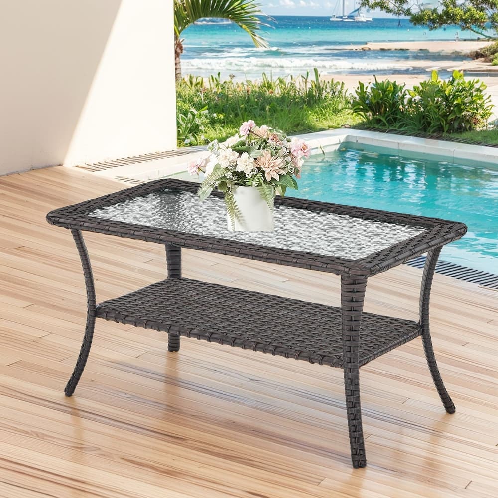 Stylish Outdoor Wicker Coffee Table with Glass Top