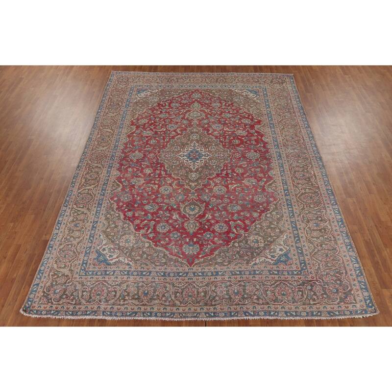 Traditional Floral Mashad Persian Vintage Rug Handmade Wool Carpet - 9'0"x 12'8"