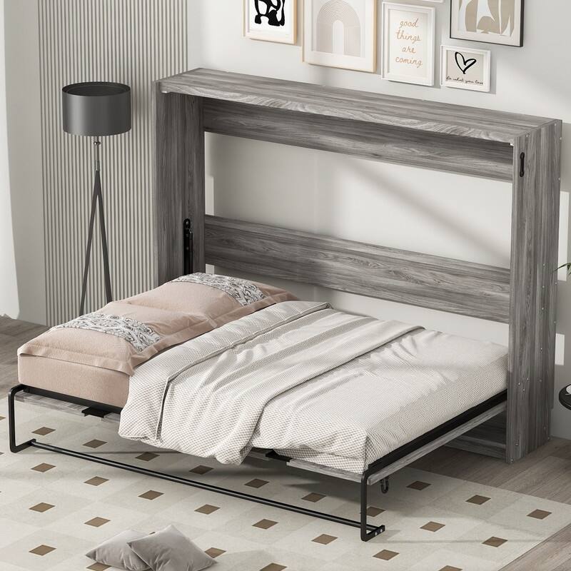 Twin Size Storage Murphy Bed with 2-Tier Shelf, 3 Drawers and LED Light, Full Size Folding Bed Frame Optional