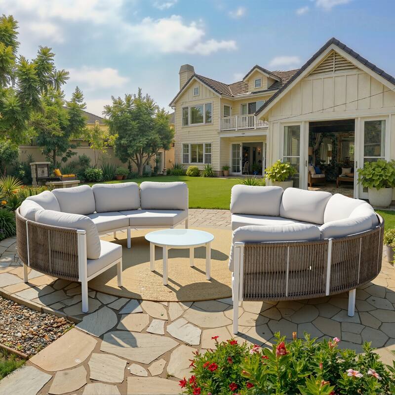 Outdoor Half Moon Curved Sofa Rattan Sectional Sofa Patio Outdoor Conversation Sets - 8-seater + 1 table - Beige