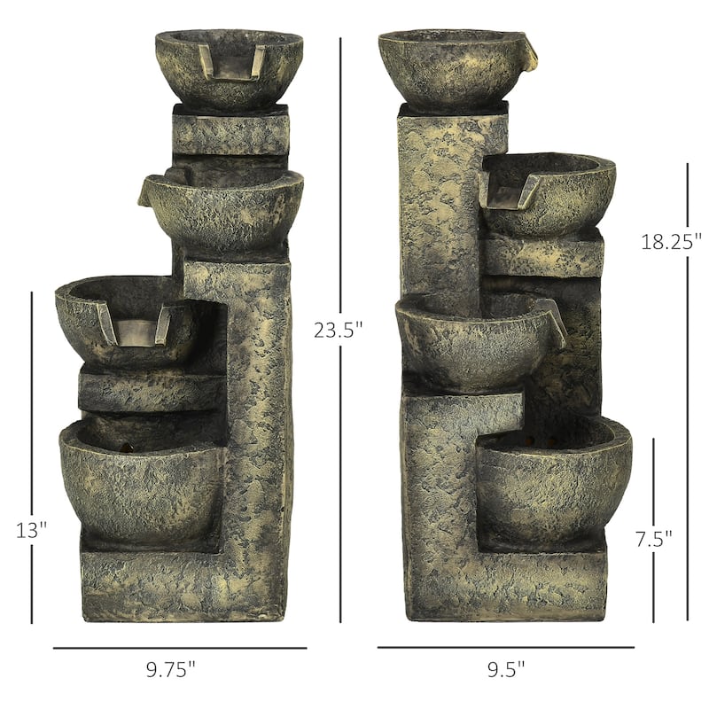 Outsunny Outdoor Fountain with 4-Tier Stacked Stone Look Bowls, Cascading Waterfall, Adjustable Flow & LED Lights