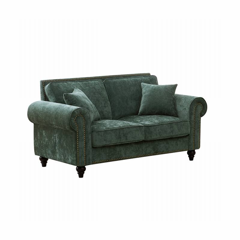Modern Rolled Arm Chenille Sofa, 2-Seater Green Couch with Nailhead Trim, for Living and Room Apartment