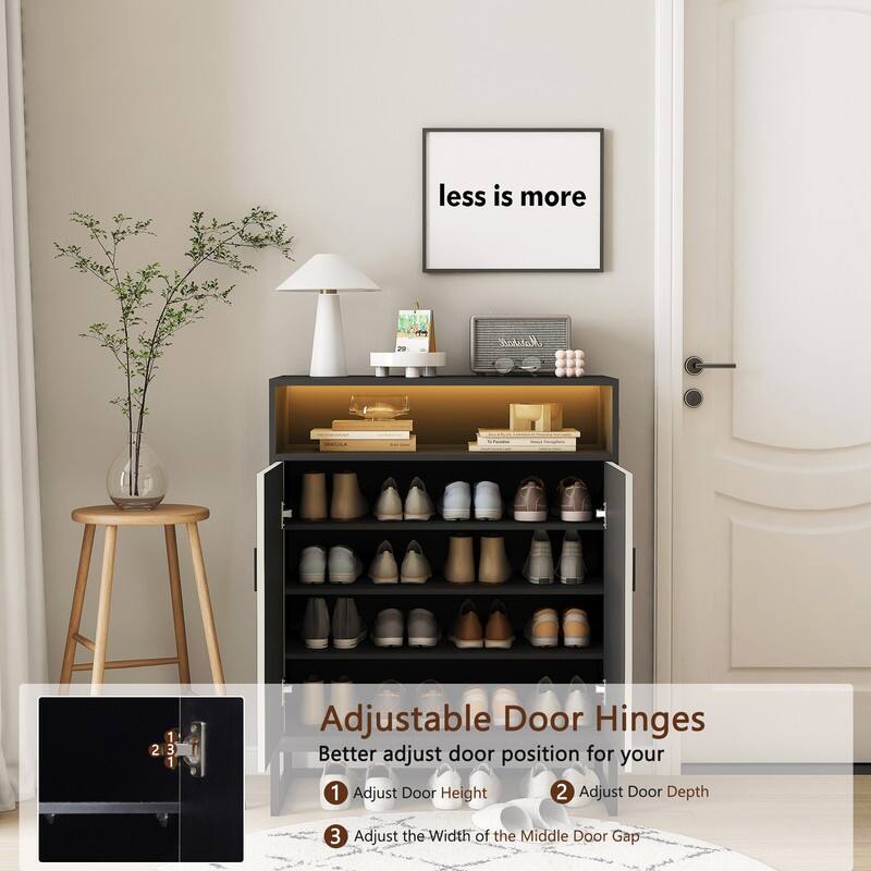 5-Tier Modern 2-Door Shoes Storage Cabinet with LED Light, Wooden Shoe Organizer Rack with Adjustable Shelf