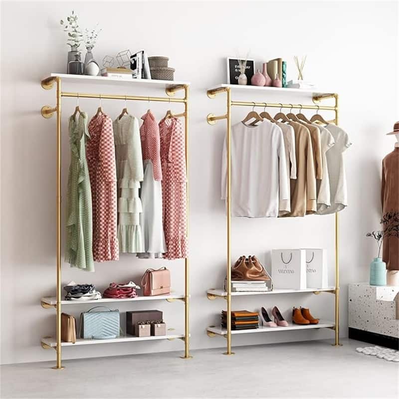 Industrial Pipe Clothing Racks with White Shelves - 9.8"D x 39.3"W x 80.8"H