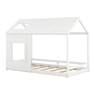 Whimsical Twin Size House Floor Bed with Roof and Window White