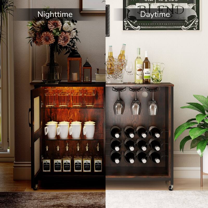 Gymax Wine Bar Cabinet w/ Wheels LED Lights Storage Shelves Glass