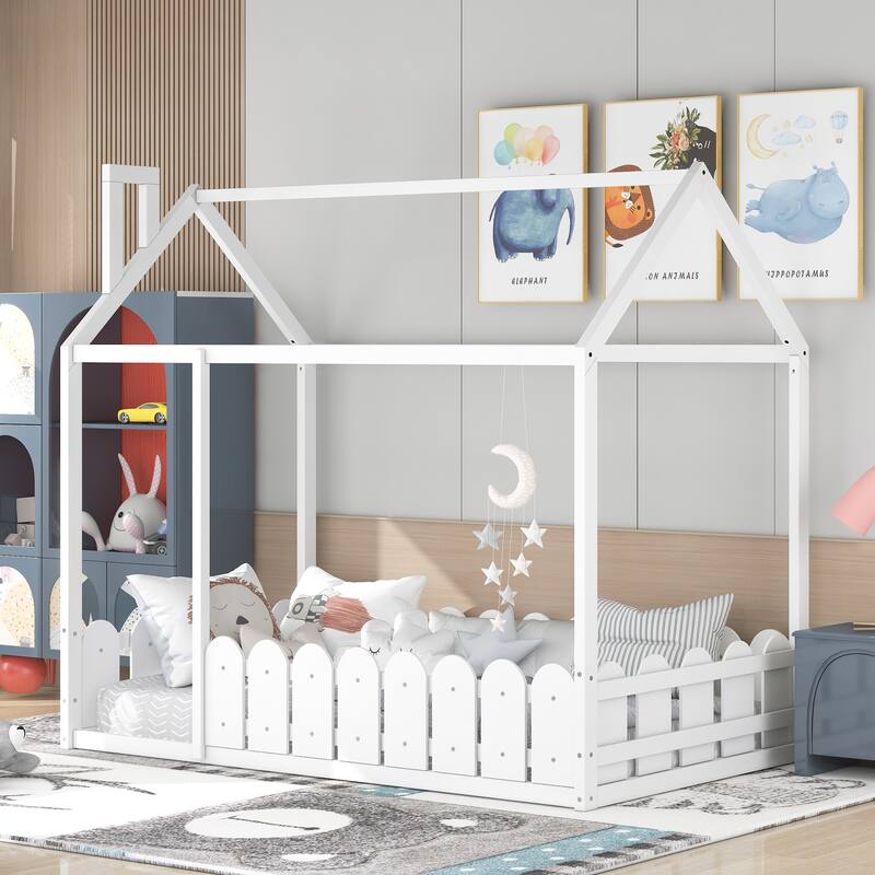 Playful Twin Wood Bed Frame with House Design for Boys and Girls - White - Twin