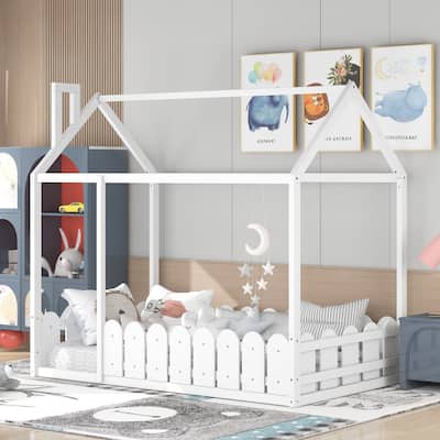 Wood Bed House Bed Frame with Fence,for Kids,Teens, Girls,Boys
