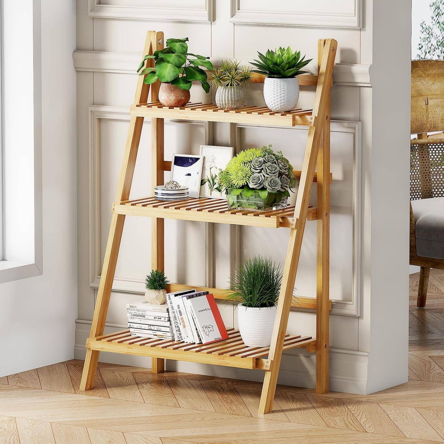 Foldable Bamboo Ladder Shelf, 3 Tier, 23.6 x 15 x 39.4 Inches