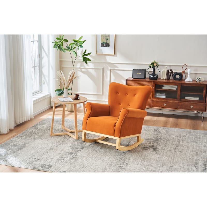 Velvet Upholstered Glider Rocking Chair, Glider Rocking Chair with Fabric Seat, High Back Armchair with Wood Base